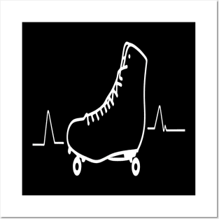 Roller Skate line drawing and heartbeat in white for skaters and roller derby fans Posters and Art